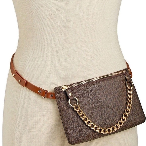 Michael Kors Monogram Signature Brown Belt Bag with Gold Chain Accent - Picture 2 of 9